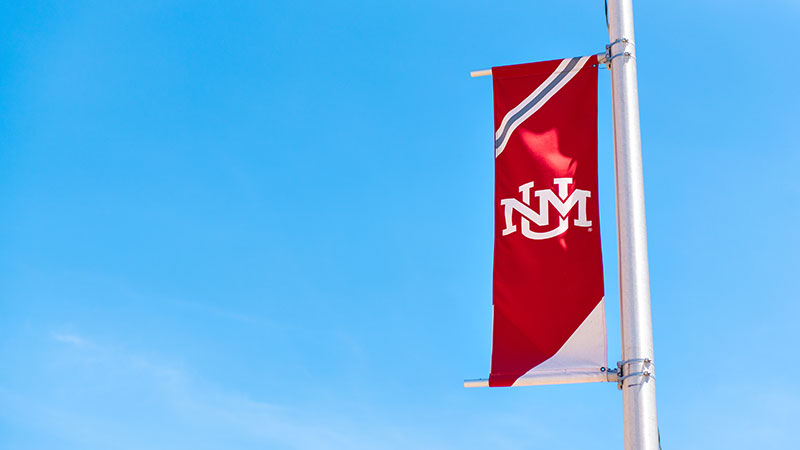 UNM Vertical banner on a flagpole