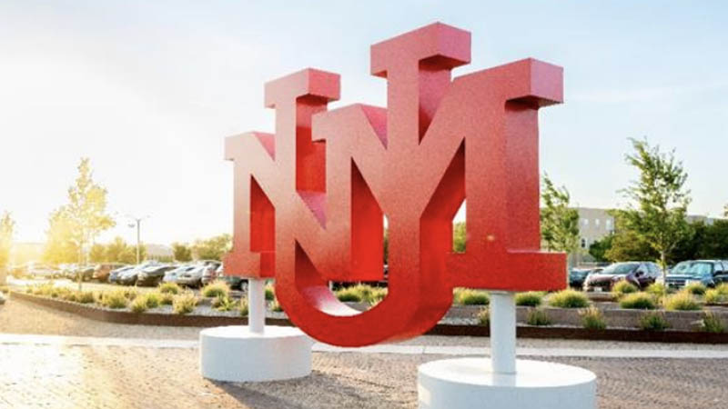 tarnished bronze logo statue with clouds in the background